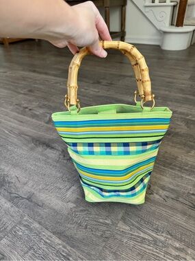 Vintage 90s Tianni Green Striped Mini Tote with Bamboo Handles